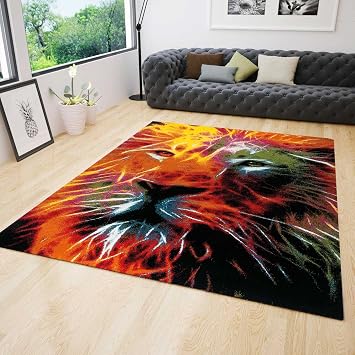Jugendzimmer Teppich Modern Mit Lowenkopf Muster Bunt Farbenfroh