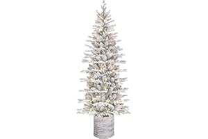 Puleo International 6ft Pre-Lit Potted Flocked Arctic Fir Pencil Christmas Tree with 120 Warm White Lights, 1325 Realistic Dense Snow Flocked Branch Tips, Easy Setup Artificial Trees with Sturdy Stand