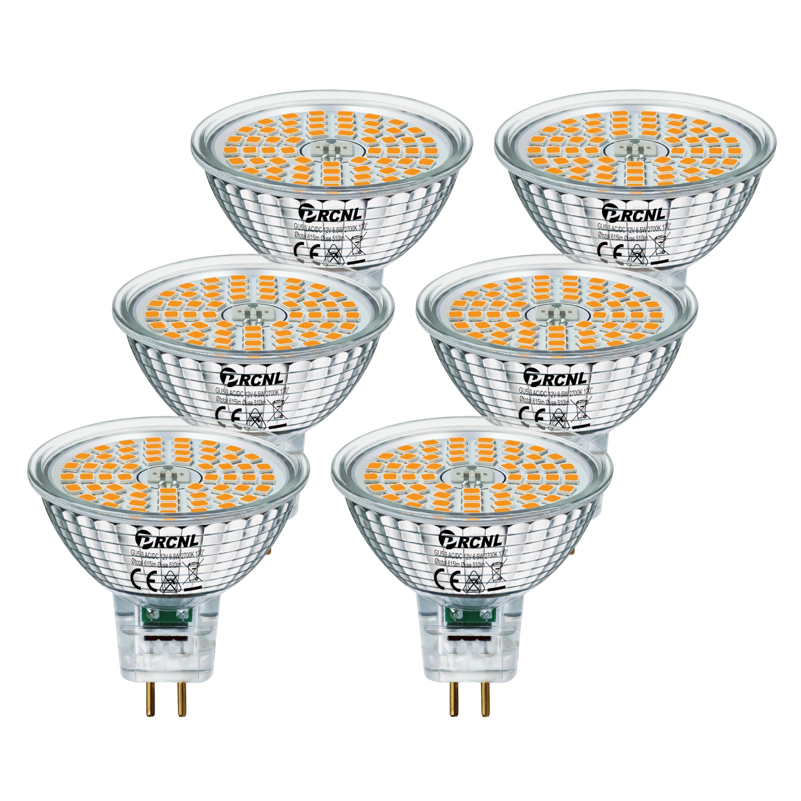 PRCNL GU5.3 LED Bulbs 6.5W Warm White 2700K, 50W Halogen Lamp Equivalent, AC/DC 12V, 615 Lumen, Non Dimmable No Flicker MR16 Spotlight, 120° Beam Angle Energy Efficient Reflectorlamp, Pack of 6