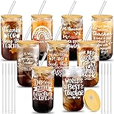 FoldTier 9 Sets Teacher Appreciation Gifts Bulk Valentine's Day Thank You Glass Cups 16 oz Tumbler Cup with Lids Straws Brushes Reusable Water Bottle Graduation Teacher Gift(Simple Style)