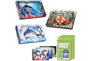 ELX Wooden 3D Puzzles for Kids 6+, 3 PCS Colorful Sharks, Clownfish & Dolphins with Ocean Scene Wooden Models, Wood Building Kits DIY Wooden Crafts Stem Toys