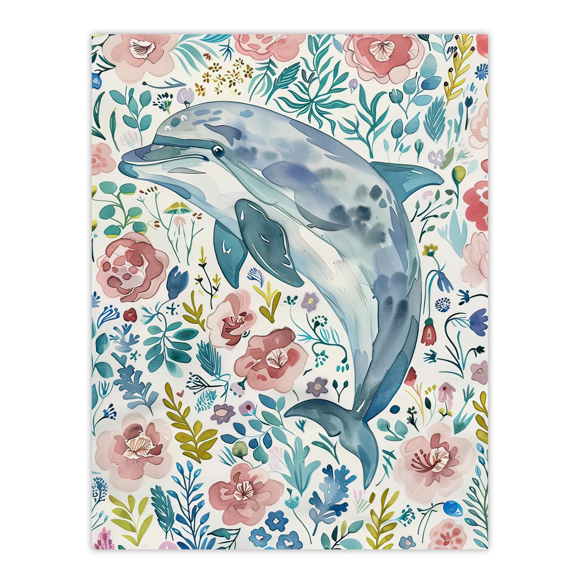 Artery8 Dolphin with Wildflowers Pink Blue Watercolour Bathroom Toilet Extra Large XL Wall Art Poster Print