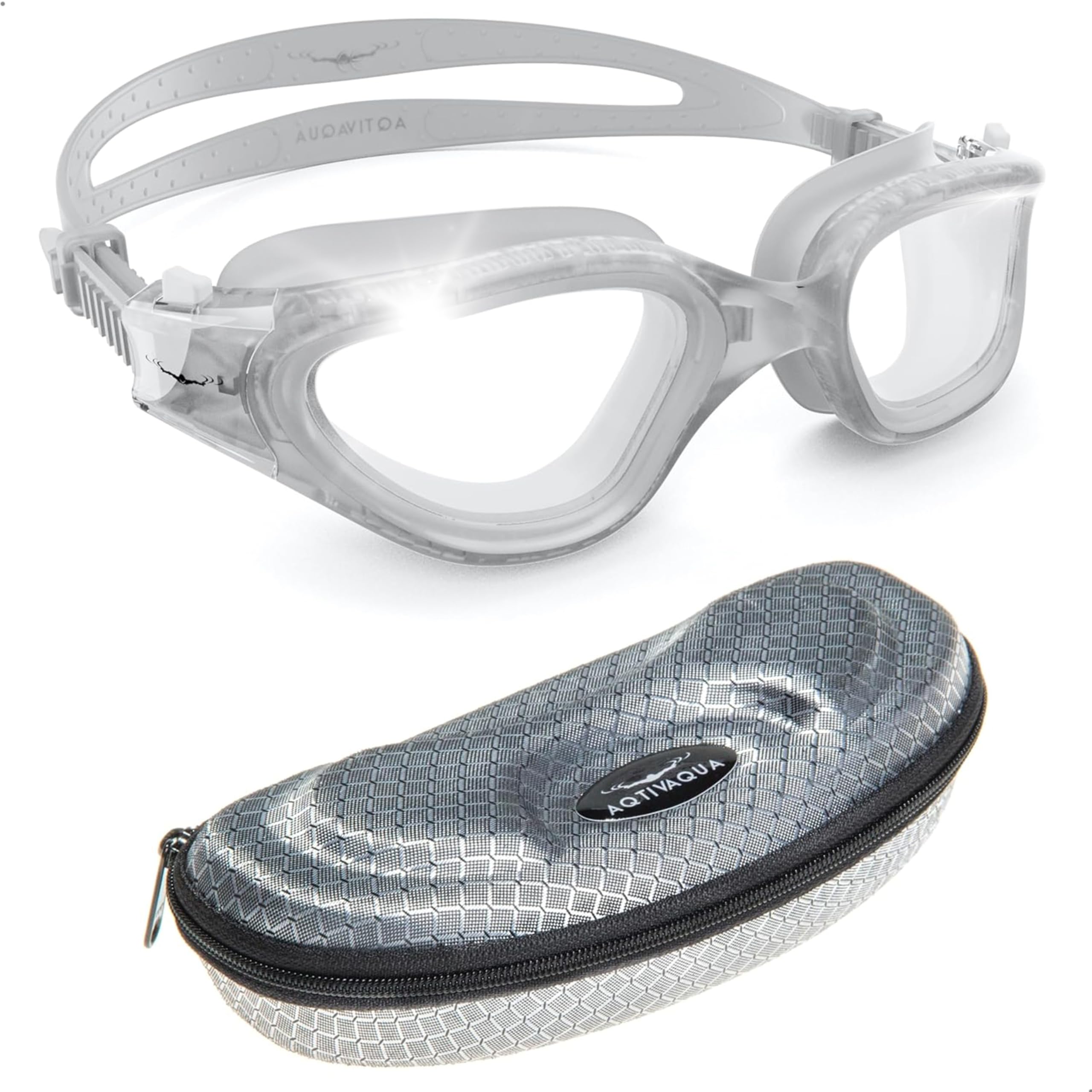 AqtivAqua Swimming Goggles Adult and Kids Goggles Kids 6-14 Men Women Swim Children Boys Girls DX-C (Transparent White, Silver case, Clear lens)