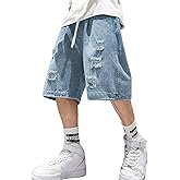 EMMIOL Baggy Jean Shorts Men, Y2k Jorts Cargo Ripped Elastic Waist, Mens Denim Shorts Comfy Casual Streetwear Summer