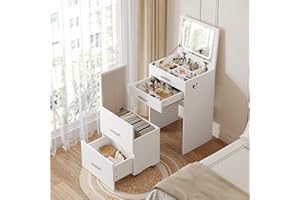 PulseFay Compact Vanity with 3 Drawers, 3 in 1 Vanity Desk, Makeup Desk with Flip-up 3 Colors Lighting Mirror and Cushioned Stool, Small Vanities Nightstand Perfect for Bedroom, White