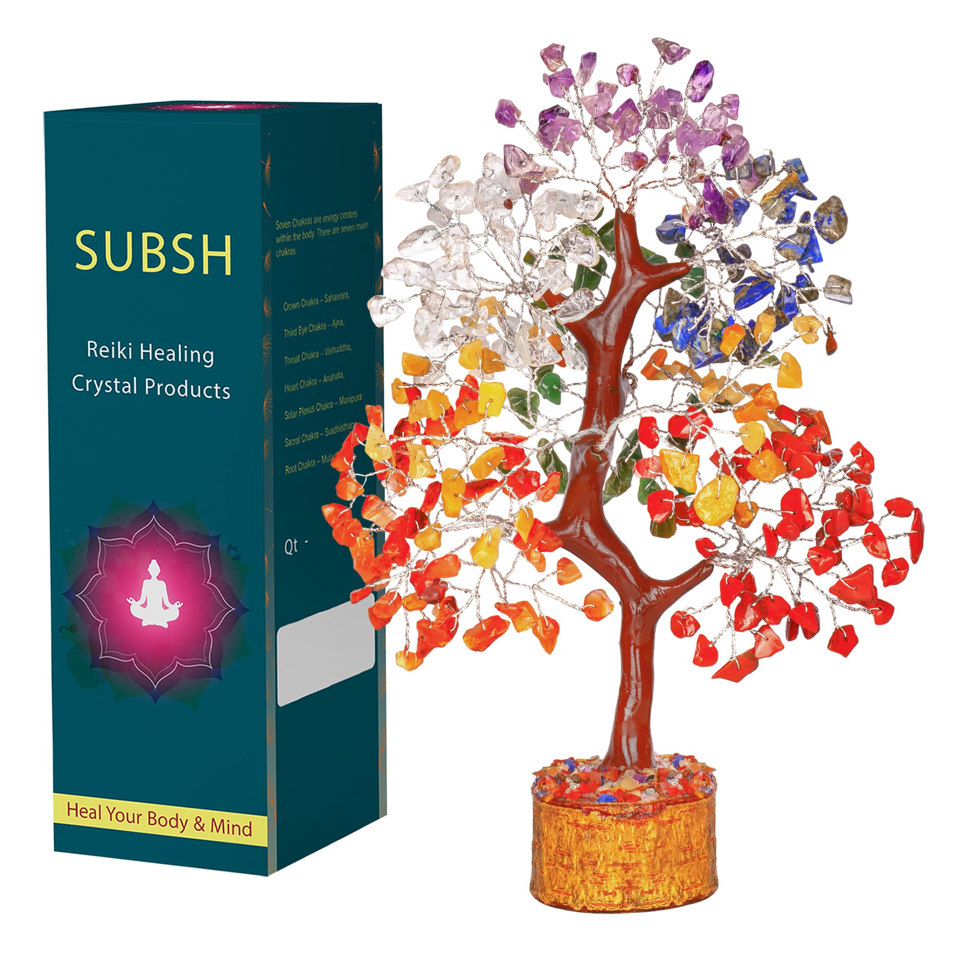 SUBSH 7 Chakra Crystal Tree of Life - Gemstone Tree - Crystals Gifts - Crystals and Healing Stones - Crystal Trees For Positive Energy (10-12 inch)
