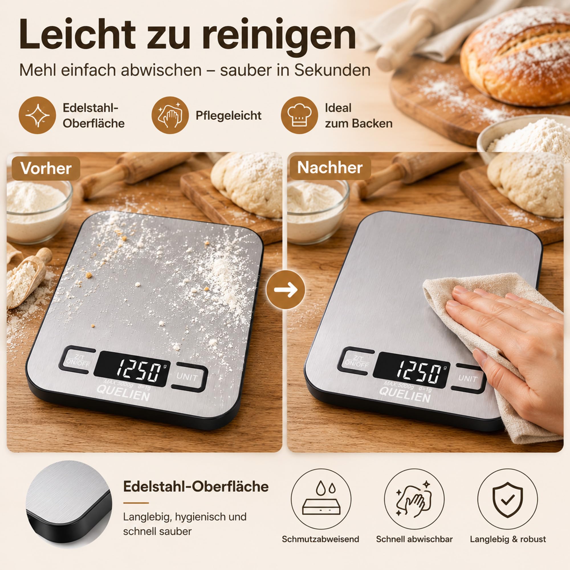 Digitale Küchenwaage Aus Edelstahl, USB-Aufladbar, 5 kg/1 g Präzision, 6 Einheiten, Tara-Funktion, LCD-Display – Ideal Für Kochen, Backen Und Große Mengen 6