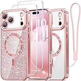 Meifigno Designed for iPhone 17 Pro Case 6.3", [Glitter Card & Wrist Strap][Compatible with MagSafe][2X HD Screen Protectors] Surround Raised Lens Protection for 17 Pro Phone Case for Women, Rose Gold