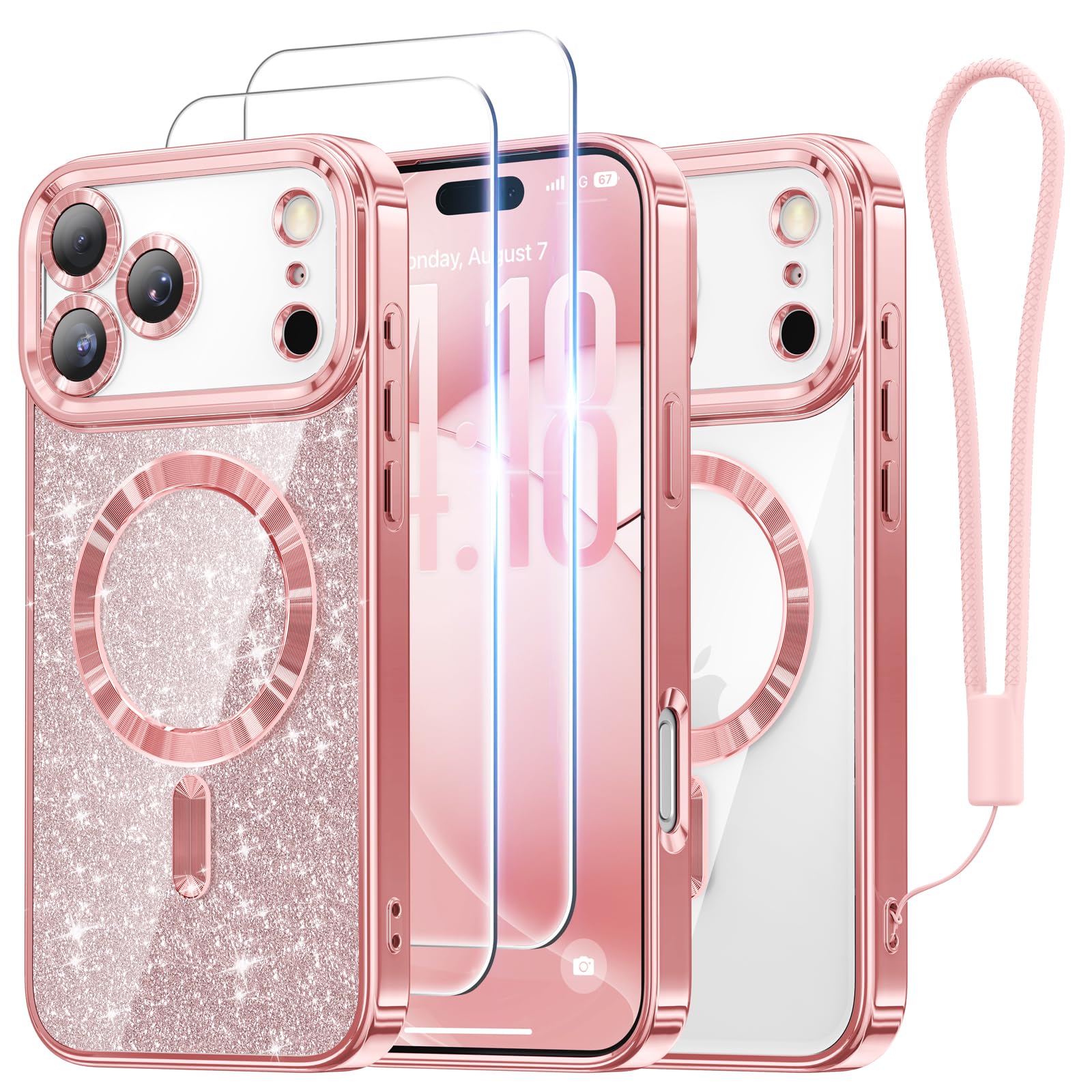 Photo 1 of Meifigno Designed for iPhone 17 Pro Max Case 6.9", [Glitter Card & Wrist Strap] [Compatible with MagSafe] [2X HD Screen Protectors] Surround Raised Lens Protection for 17 ProMax Phone Case, Rose Gold