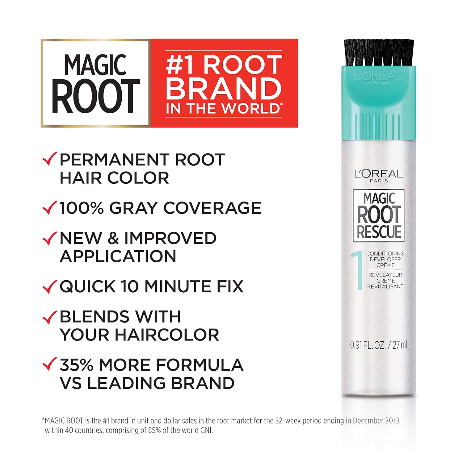 L'Oreal Paris Magic Root Rescue 10 Minute Root Hair Coloring Kit, Permanent Hair Color with Quick Precision Applicator, 100% Gray Coverage, 4 Dark Brown, 2 count: Beauty