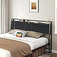 MAHANCRIS King Size Headboard with 4 Outlets and 4 USB Ports, Industrial Flip Door Headboard with Bed Frame Adapter, Height Adjustable, Black