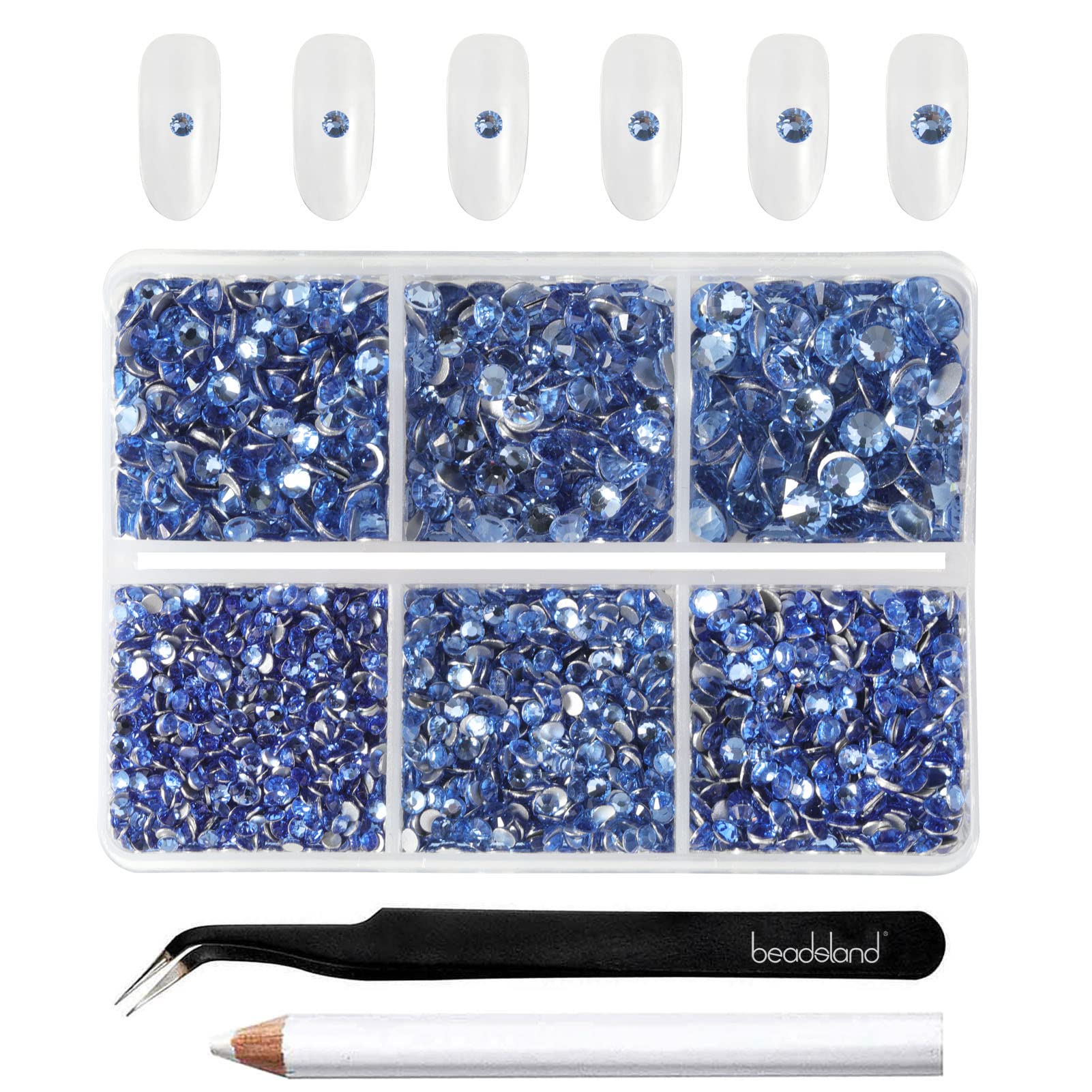 Beadsland 4300pcs Flatback Nail Rhinestones,Light Blue Rhinestones Round Crystal Gems for Crafts,Mixed 6 Sizes with Picking Tweezers and Wax Pencil Kit, SS6-SS20,Light Sapphire