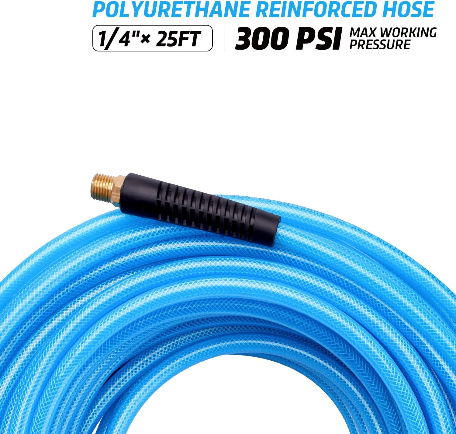 WYNNsky 1/4 inch x 25 feet Reinforced Polyurethane (PU) Air Hose, 300 PSI, Air Compressor PU Hose With 1/4" MNPT Brass Endings - - 