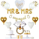 VIDAL CRAFTS Gold Engagement Party Decorations - White & Gold Decor with Engaged Banner, Mr and Mrs Balloons, Latex Heart Confetti Balloons, Engagement Ring Balloon