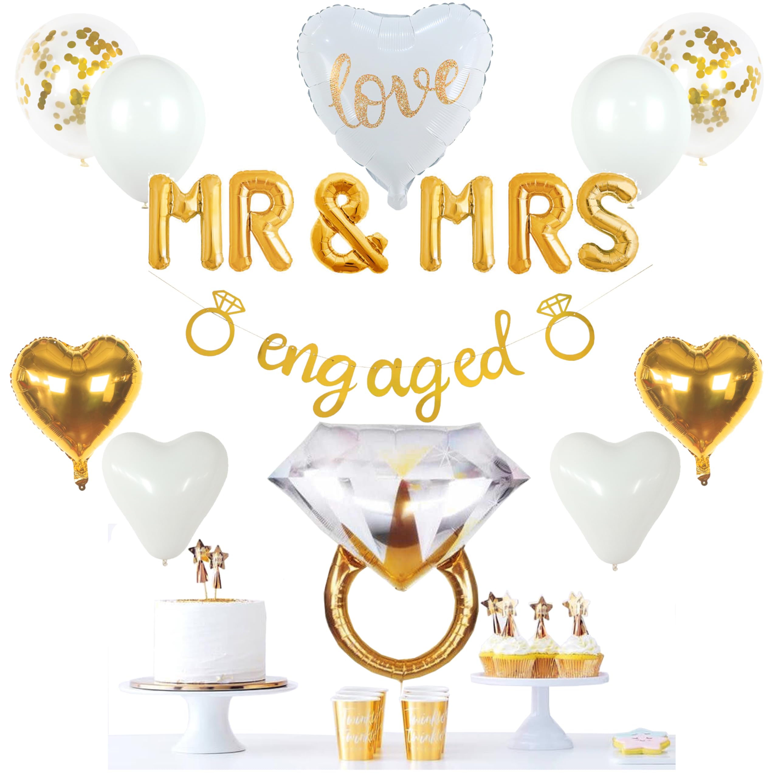 Photo 1 of VIDAL CRAFTS Gold Engagement Party Decorations - White & Gold Decor with Engaged Banner, Mr and Mrs Balloons, Latex Heart Confetti Balloons, Engagement Ring Balloon