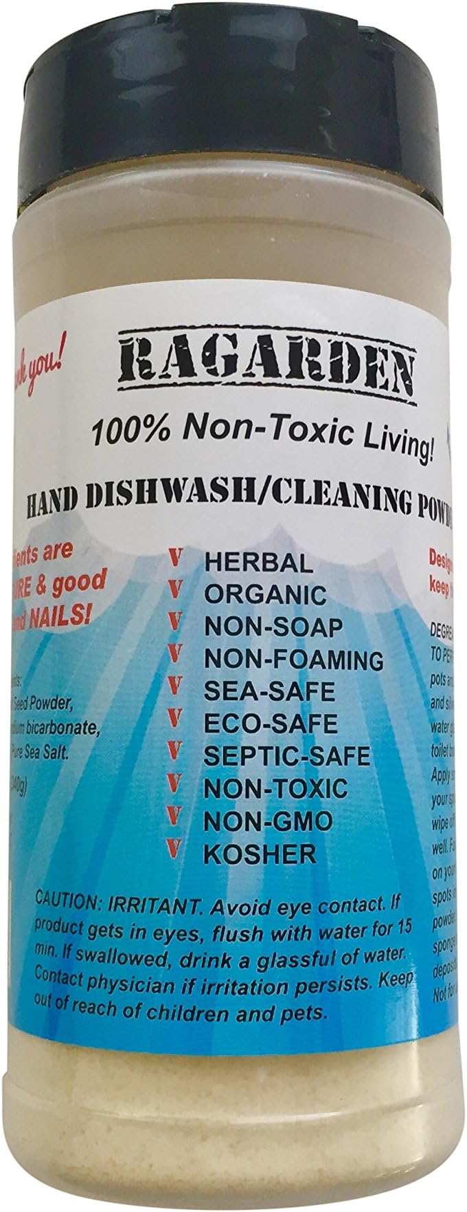 Non-Toxic, Herbal, Organic Cleaning Powder. Non-SOAP, Non-FOAMING, SEA-Safe, ECO-Safe, Septic-Safe, Non-GMO, Kosher. 12 Oz