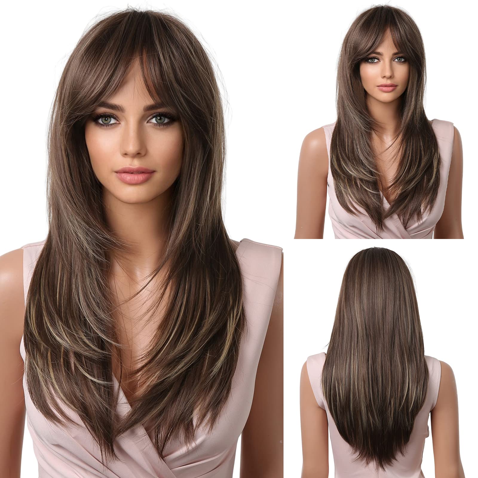 HAIRCUBE Long Brown Layered Synthetic Hair Wigs for Women with Highlight — image 1