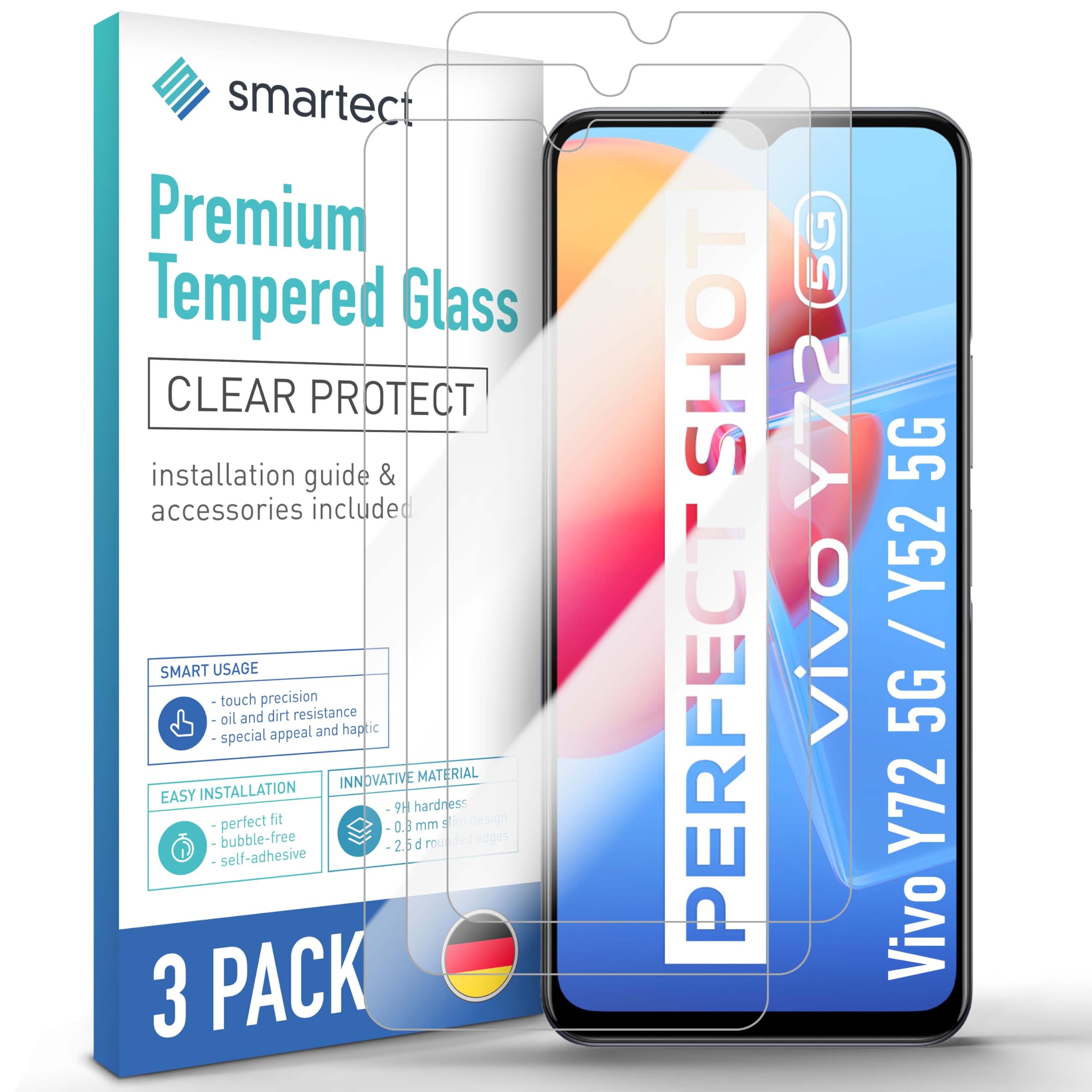 smartect Glass Screen Protector [3 Pieces, Ultra-Clear] for Vivo Y72 5G / Y52 5G, HD Protective Film Anti Scratch, Bubble Free, 9H Hardness, Ultra Resistant
