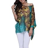 Vanbuy Plus Size Floral Chiffon Batwing Sleeve Tunic Blouse Boho Off-Shoulder Beach Cover Up Loose Summer Tops for Women