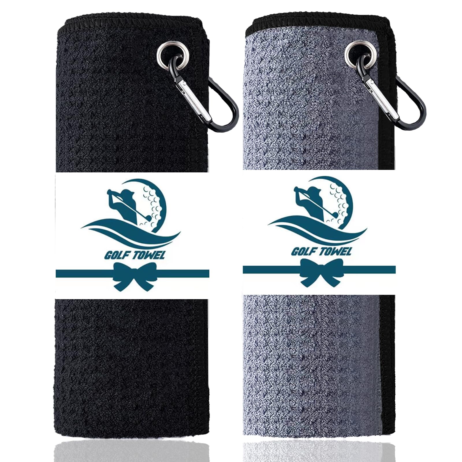 AXKAL Golf Towels for Golf Bags with Clip Black Heavy Duty Carabiner 16’’x16’’Value 2 Pack, Tri-fold Golf Towels Premium Microfiber Fabric Waffle (2 Pack 16''x16'', Black+Grey)