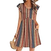 OFEEFAN Summer Dresses for Women Beach Vacation Clothes V Neck Ruffle Sleeve Babydoll Dress Elegant Classy Sundress