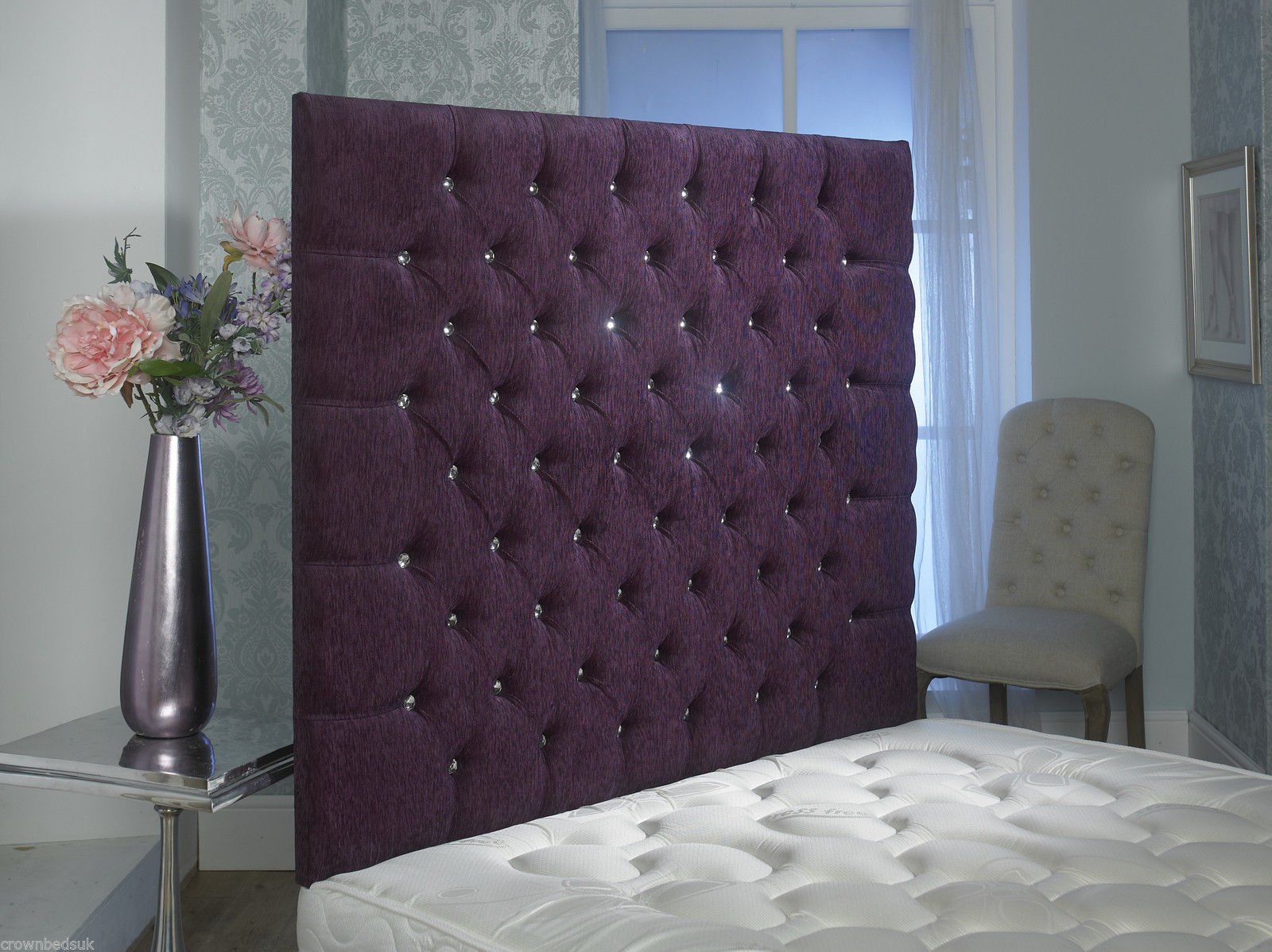 CROWNBEDSUK CHESTERFIELD WALL HEADBOARD CHENILLE IN 2ft6,3ft,4ft,4ft6,5ft,6ft 36'' OR 44 '' HEIGHT MATCHING BUTTONS (5FT KINGSIZE 36'', Aubergine)