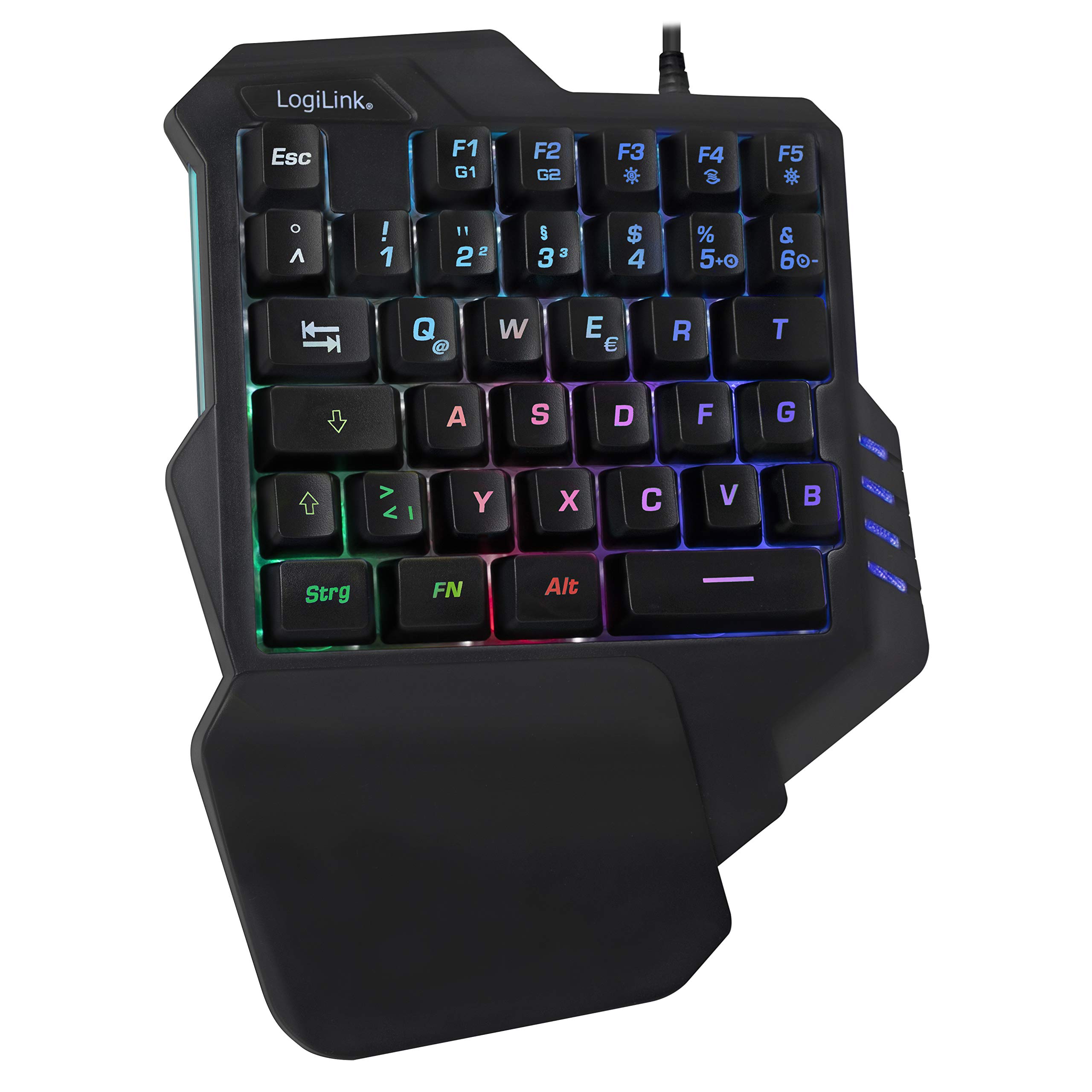 Logilink Illuminated one-handed gaming keyboard with ergonomic palm rest and great light effects and programmable keys for Windows, Linux and Mac in black, ID0181