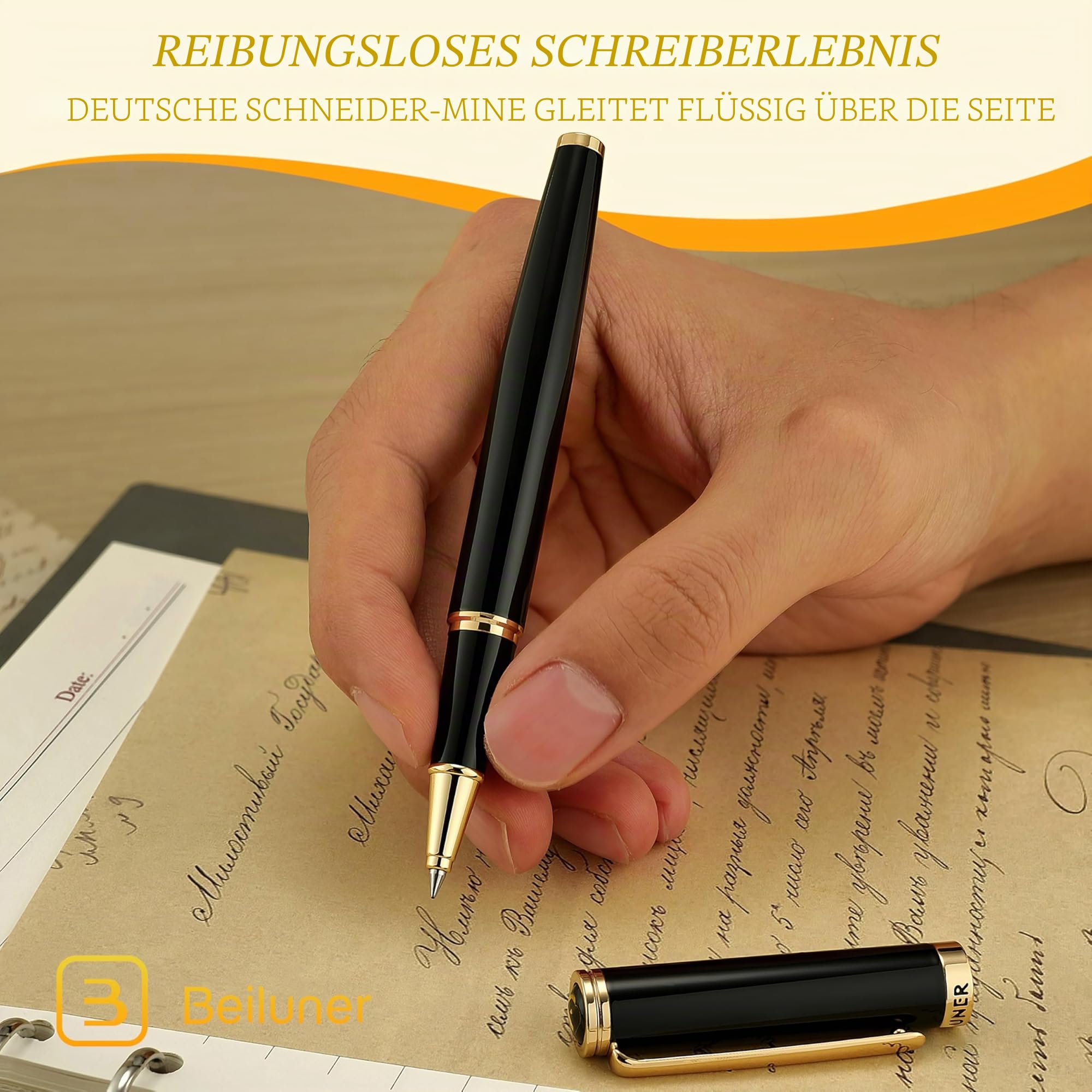 BEILUNER Hochwertiger Tintenroller mit Echtvergoldung - Professioneller Kugelschreiber mit schwarzer Schneider 850 Mine - Geschenkbox - Luxus Schreibgerät für Business & Geschenkanlässe(Schwarz) 7