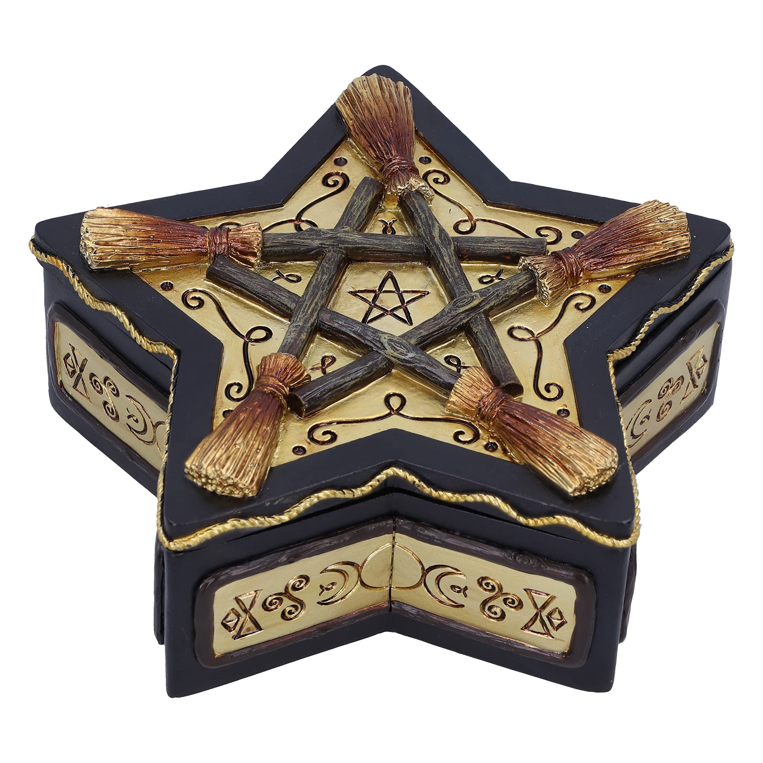 Nemesis Now Magick Protector Box 16cm, Resin, Wiccan Broomstick Box, Storage Box, Cast in the Finest Resin, Hand-Painted, Black and Light Yellow