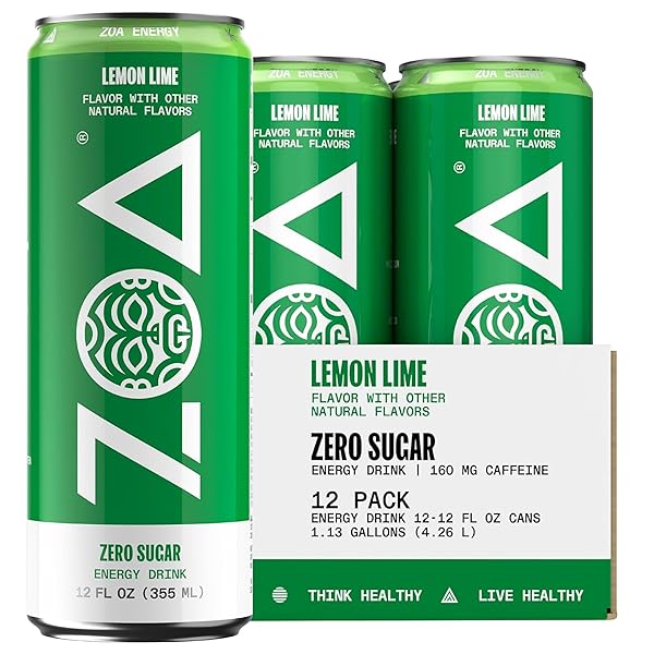 ZOA ENERGY SUGAR FREE ENERGY DRINKS WITH ELECTROLYTES FOR HYDRATION, LEMON LIME – 12 FL OZ (12-PACK)