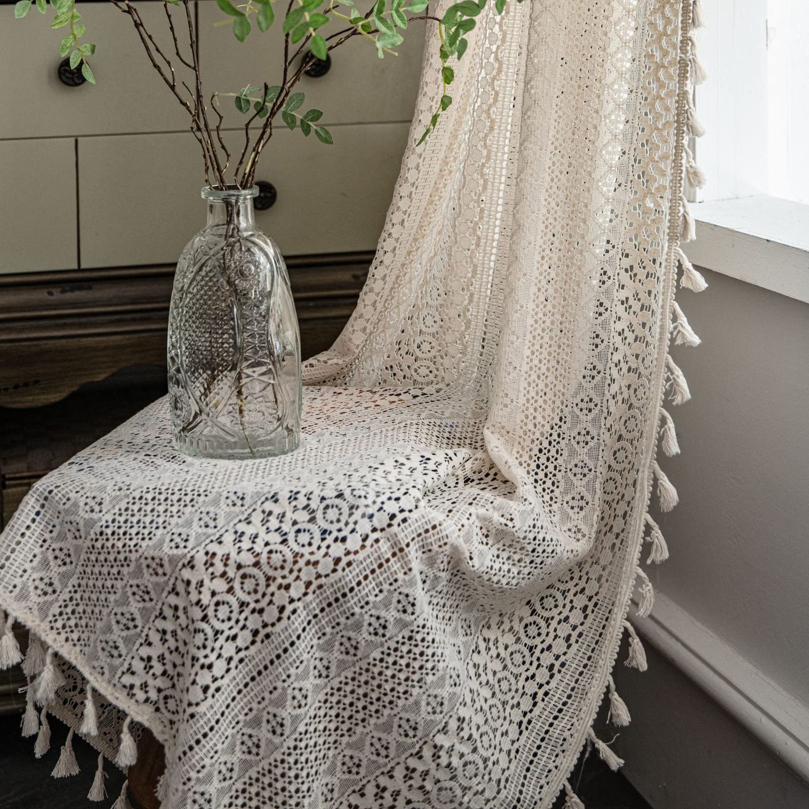 USTIDE Beige Lace Curtain Rustic Crochet Bedroom Light Reducing Curtain with Macrame Decor Rod Pocket, 63"ร94", 2 Panels โ image 1