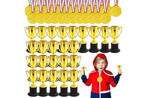 Fottaqqan 48PCS Mini Awards Trophies Cups Medals for Kids,4inch Plastic Golden Trophy Medal Set,Participation Trophy for Winner Competition Sports Reward Party Favors