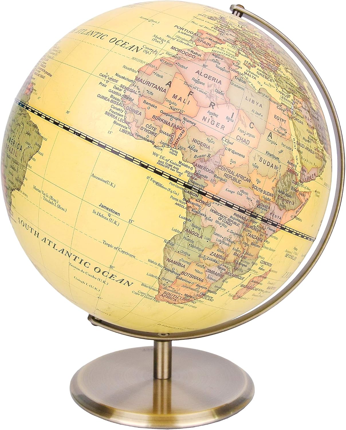 Exerz 30cm World Globe Antique Metal Arc and Base Bronzed colour, Large Rotating Earth Globe, Educational/Geographic
