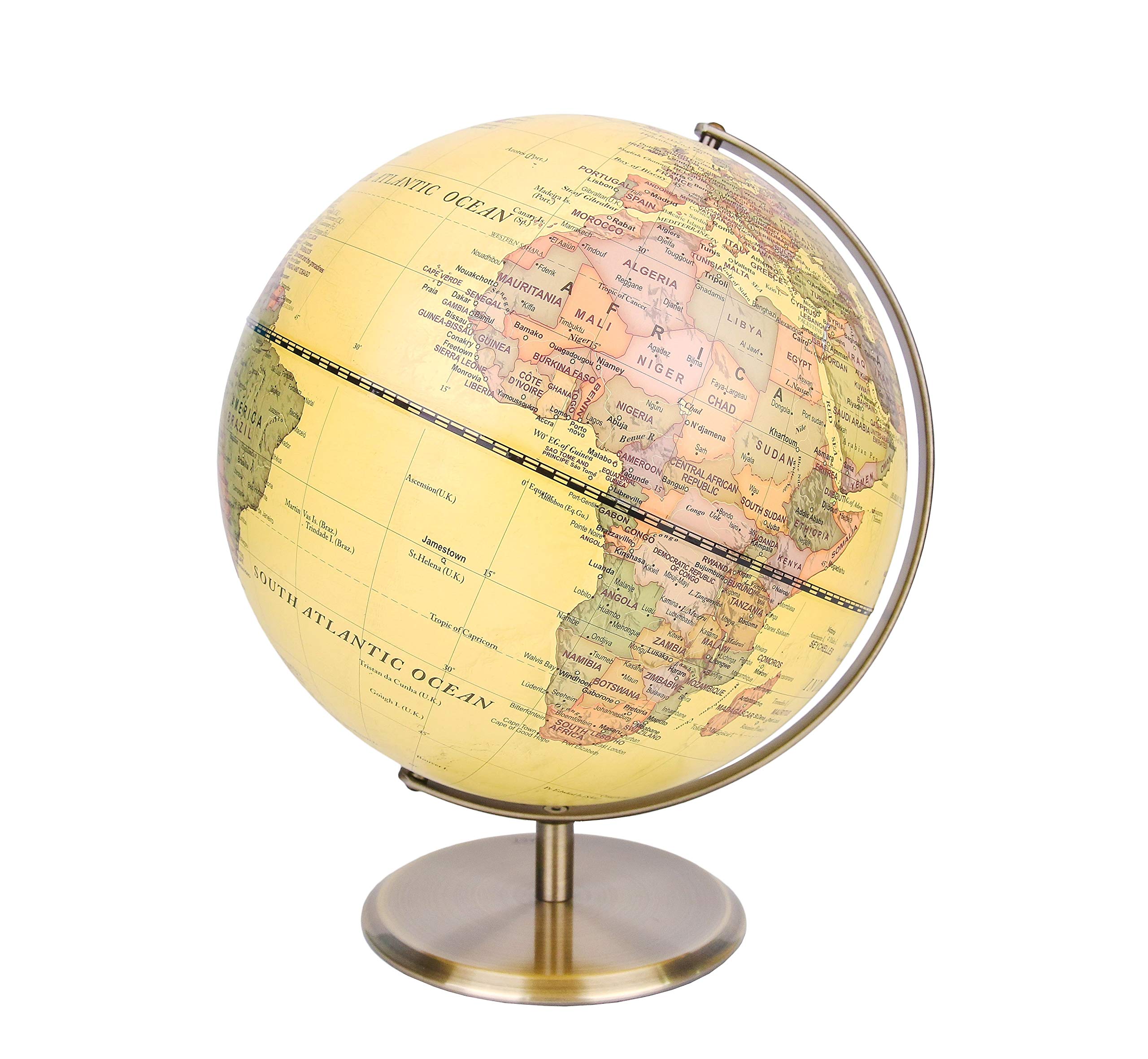 Exerz 30cm World Globe Antique Metal Arc and Base Bronzed colour, Large Rotating Earth Globe, Educational/Geographic, Modern Map in Vintage Colour