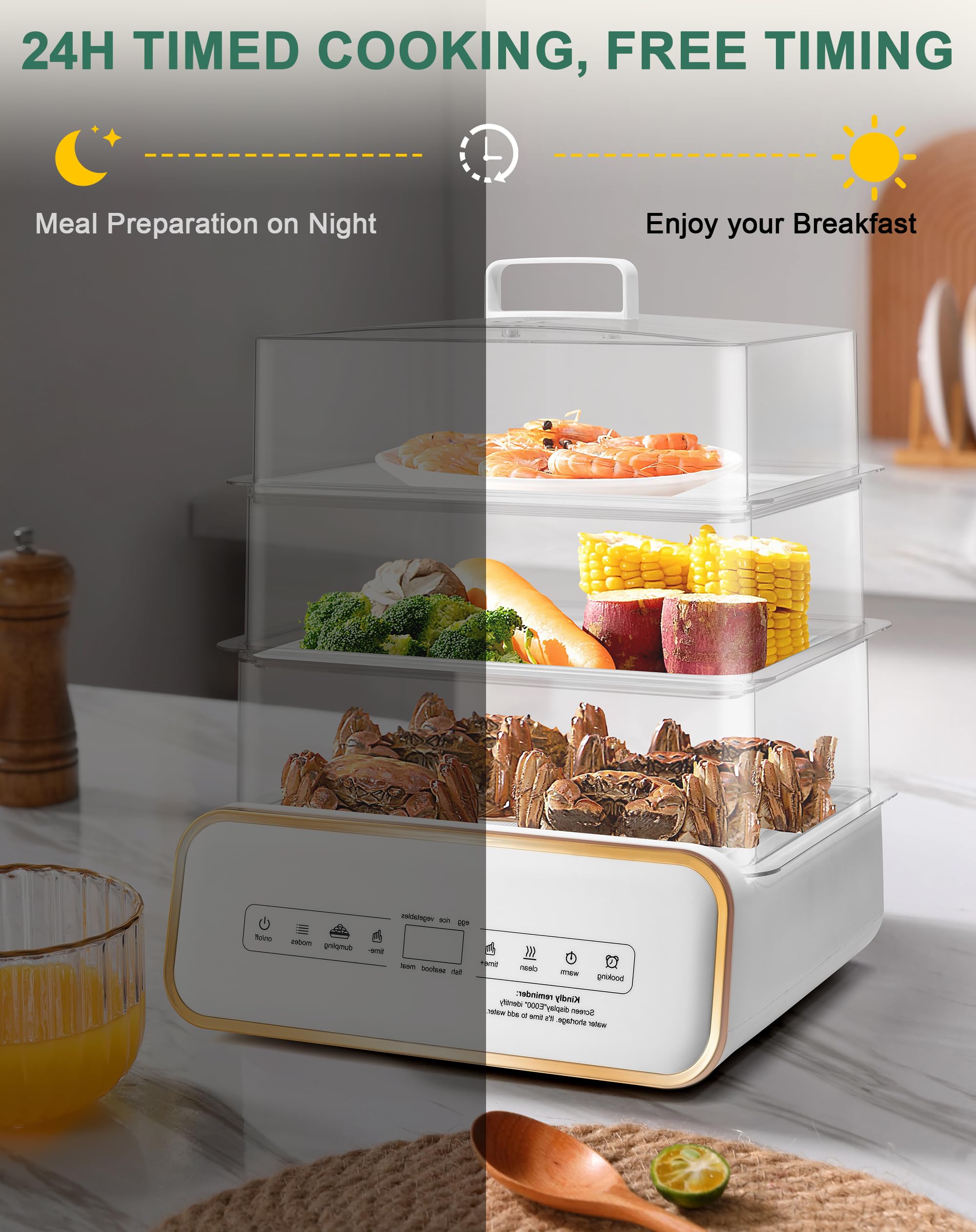 SUSTEAS Food Steamer for Cooking - 17QT Vegetable Steamer with 24H Booking & 60Min Timer, Electric Steamer with Digital Display and 3 Tier Stackable Trays, Auto Shut-Off & Boil Dry Protection