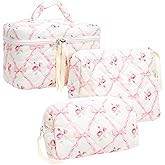 PAZIMIIK 3PCS Makeup Bag SET Large Travel Quilted Zipper Soft Cosmetic Case Pouch for Women Girls Make Up,Bow Rose