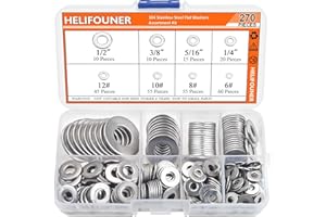 HELIFOUNER 270Pieces 8 Sizes Stainless Steel Flat Washers Assortment Kit, 1/2 3/8 5/16 1/4 12# 10# 8# 6#