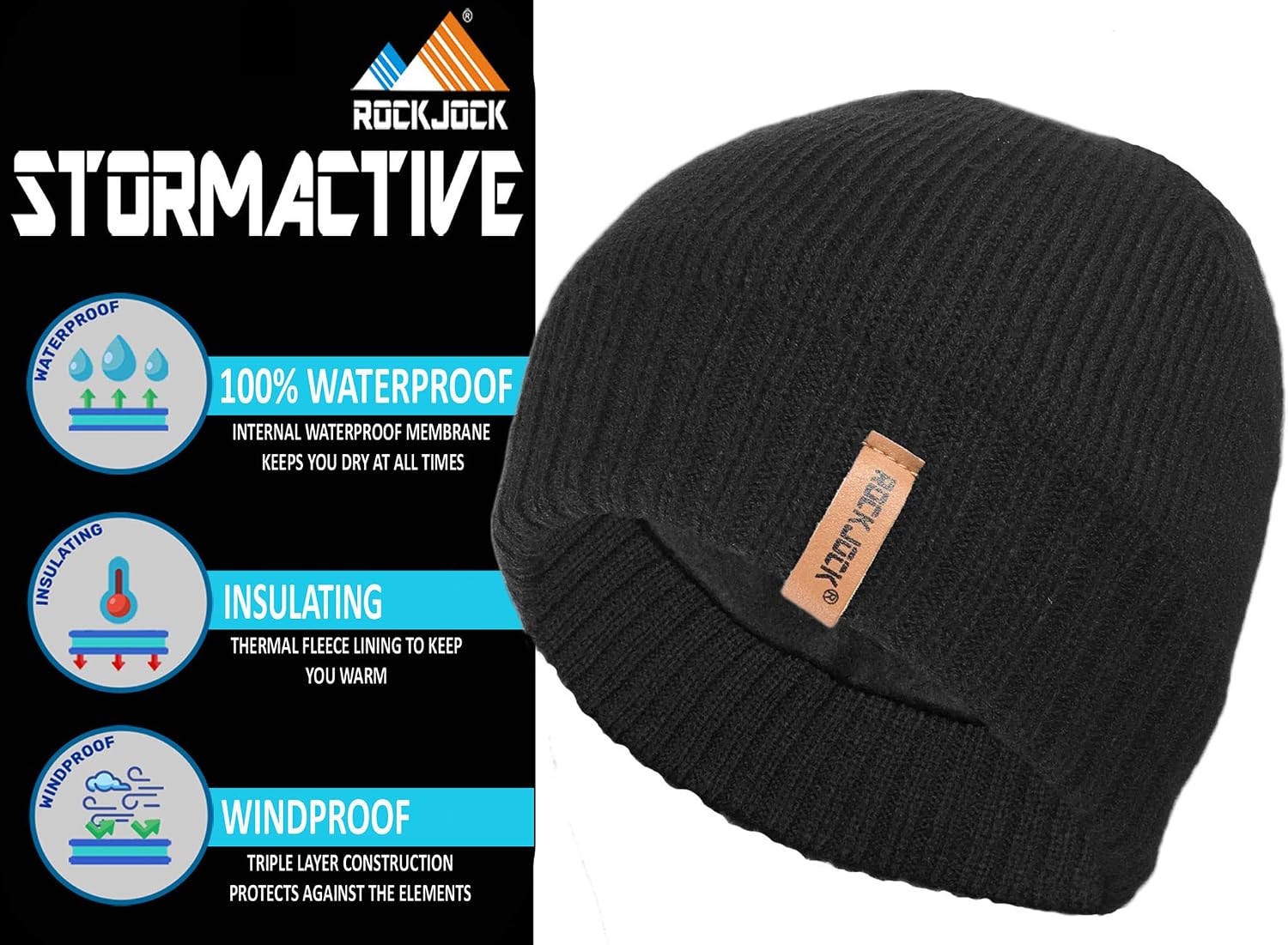 RockJock STORMACTIVE Mens Waterproof Windproof Classic Warm Beanie Hat Black - Image 5