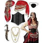 Halloween Pirate Accessories for Women Pirate Costume Corset Belt Necklace | Adults Pirate Skirt Accessories Paisley Bandana,Gold Coin Hip Scarf,Layered Gold Necklace,Eye Patch for Theam Party Cosplay