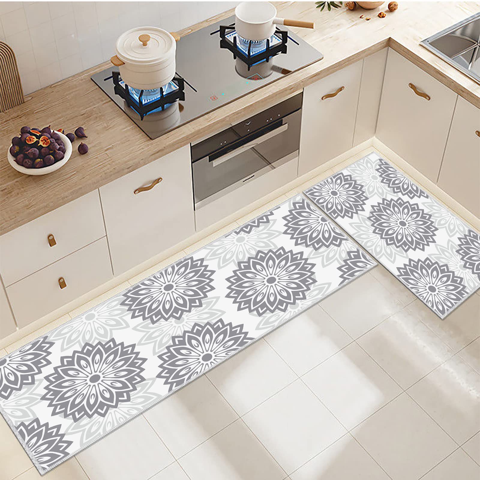 Offizon 2 Pcs Kitchen Rugs, Grey Floral Floor Mats for Home, Washable Carpet Runner for Kitchen Décor (20"x32"/50x80cm, 20"x48"/50x122cm)