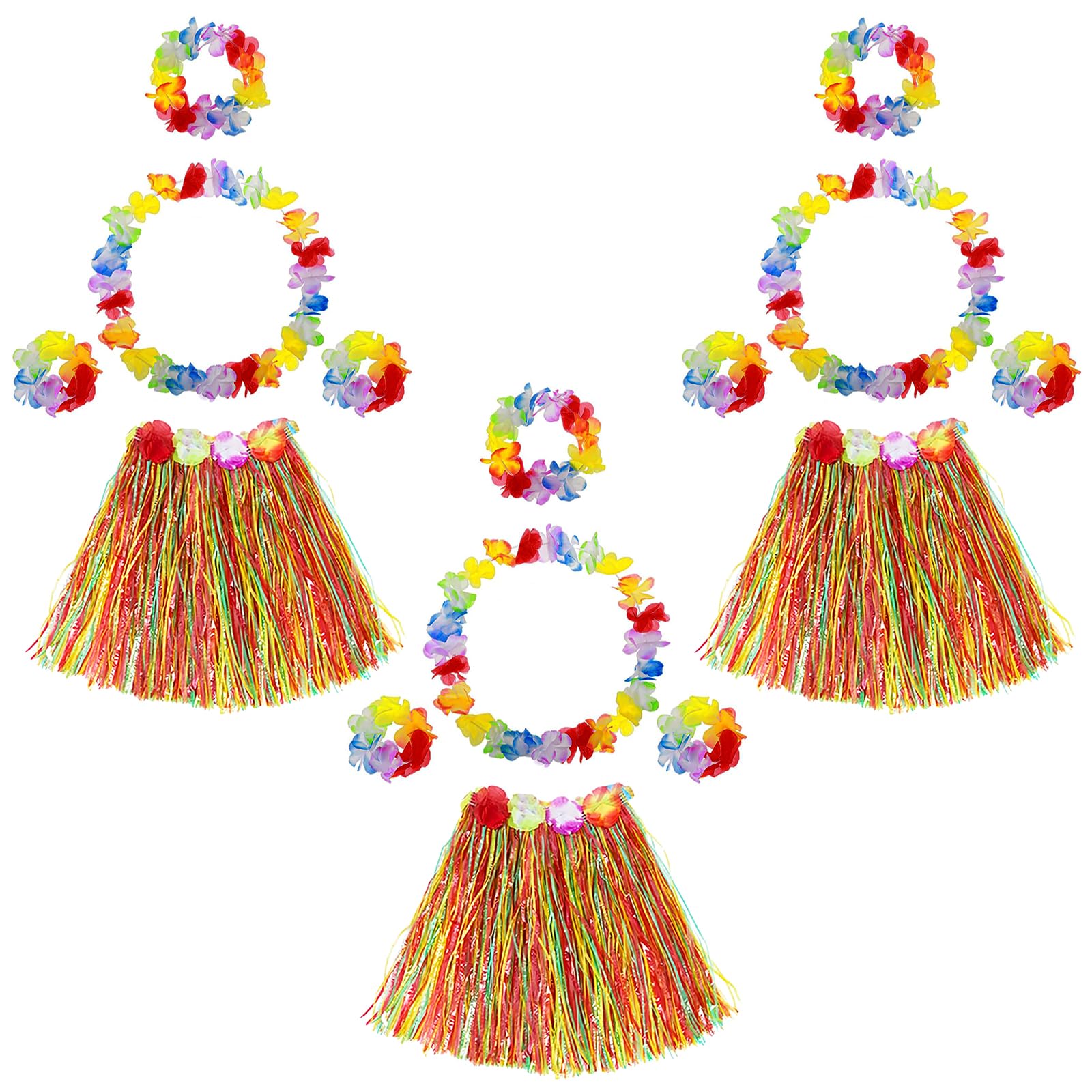 JUHONNZ Hawaiian Fancy Dress,3 Sets Hawaiian Hawaii Costume Include 3 Hula Grass Skirt+ 3 Neck Garland+3 Head Headband+6 Bracelets Flower Leis for Tropical Moana Luau Birthday Party Supplies