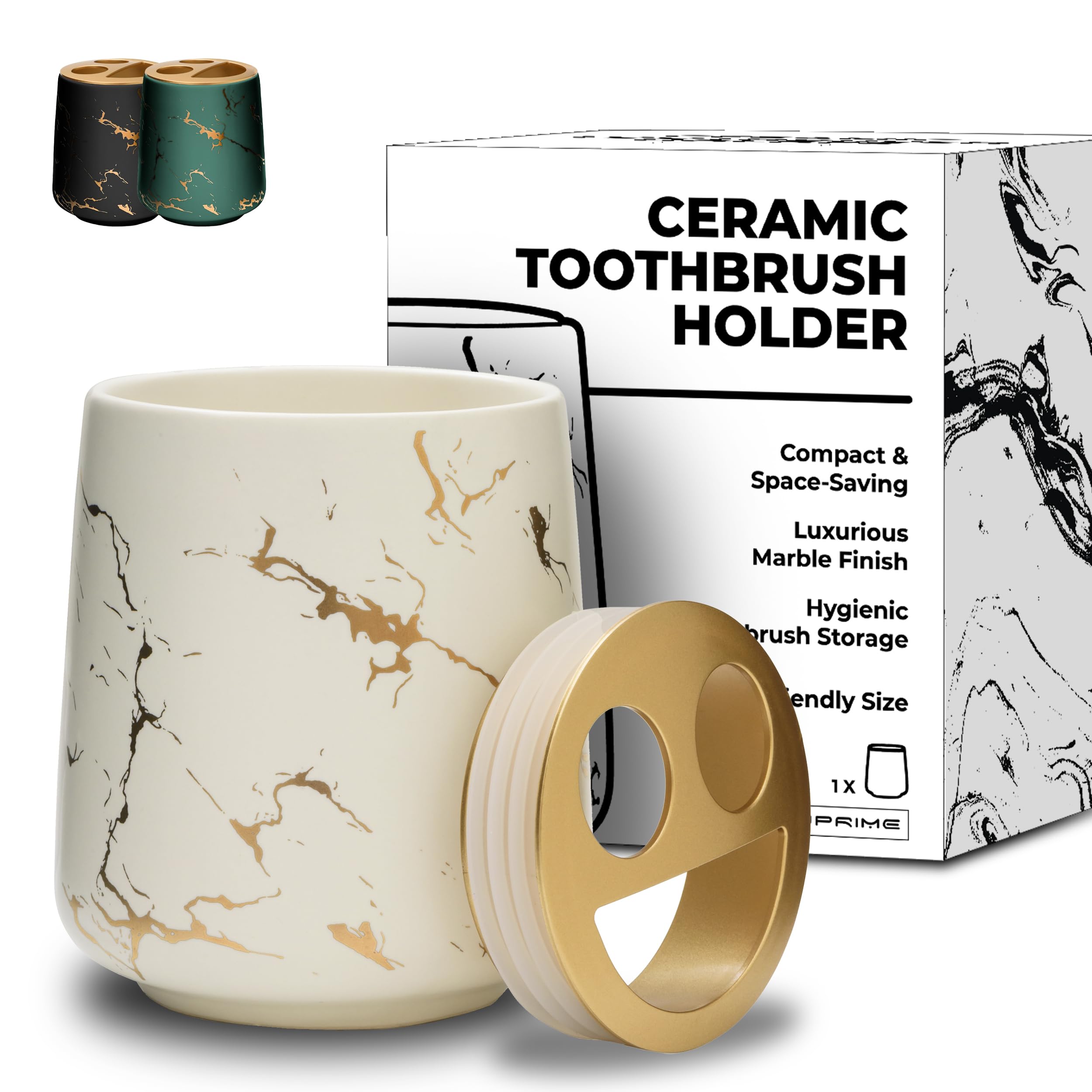 JJ PRIME - Ceramic Toothbrush Holder | Marble Look Electric Toothbrush Holder | Bathroom Accessory Toothbrush And Toothpaste Holder- Makeup Brush Holder (White Toothbrush Holder)