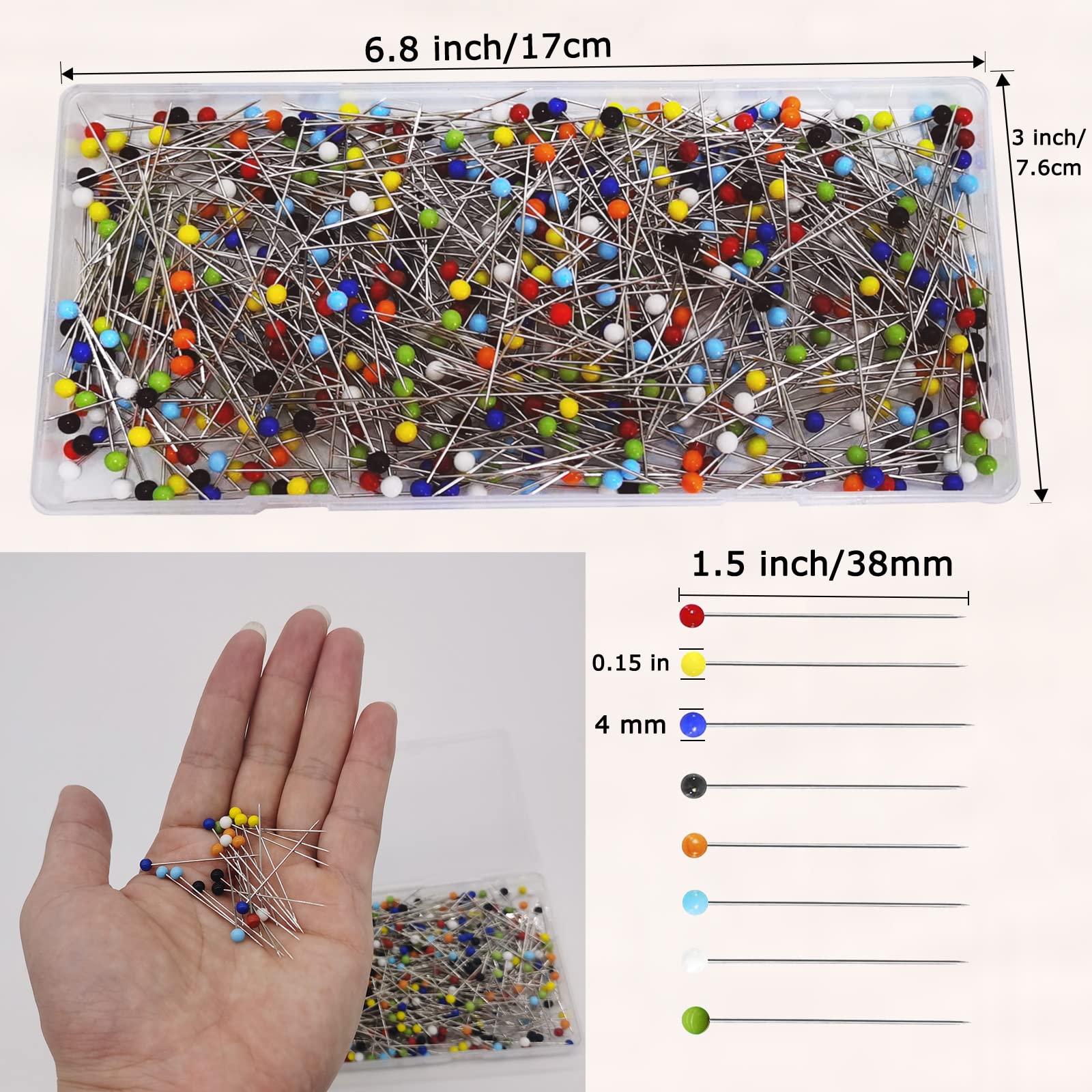600PCS Sewing Pins (Upgraded), 1.5 inch Straight Pins with 4MM Colored Ball Glass Head, Quilting Pins for Fabric, Jewelry DIY, Craft and Sewing Project(Colorful)
