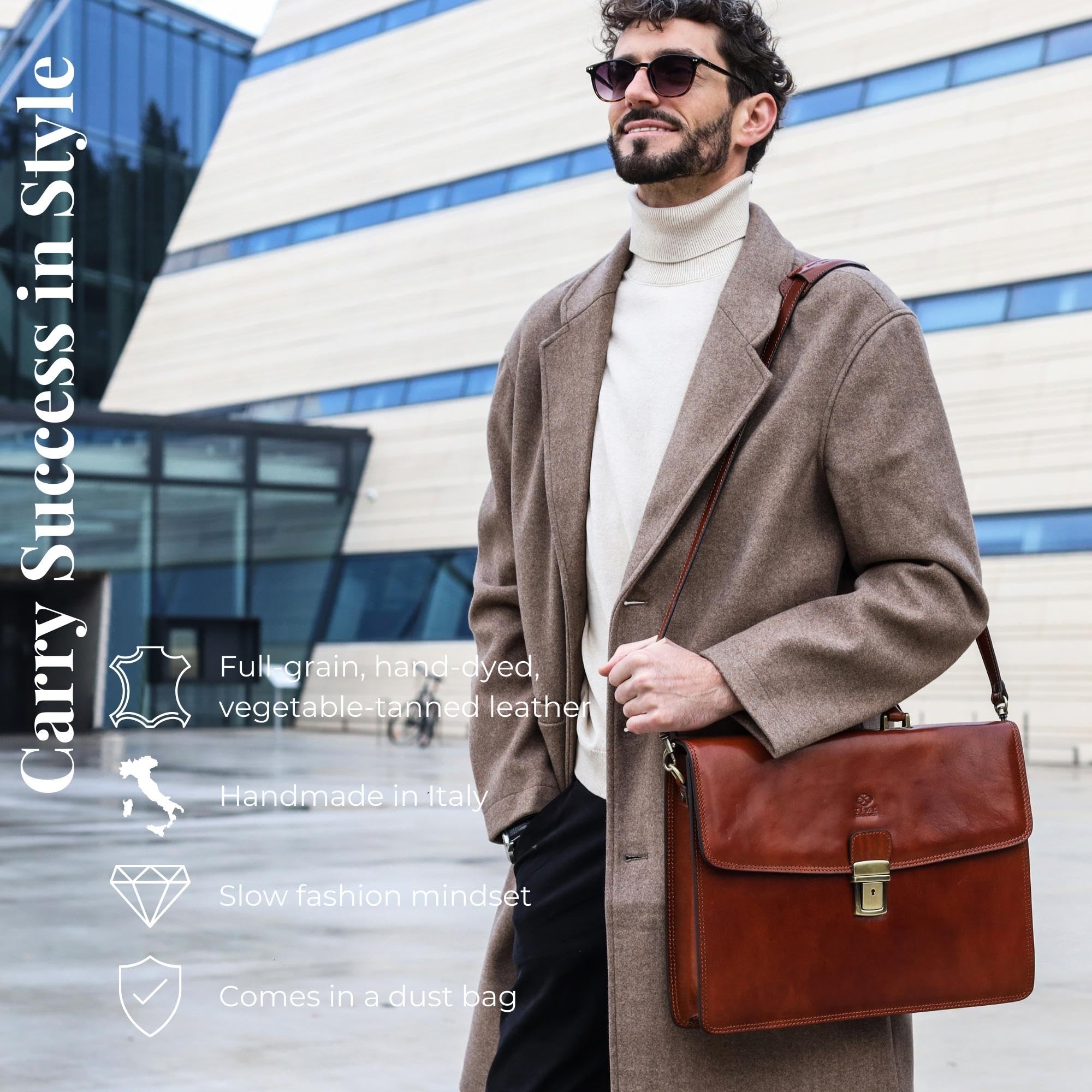 Time Resistance Leather Briefcase - Italian Handmade Leather Laptop Bag - Handbag for Men - Professional Computer Case