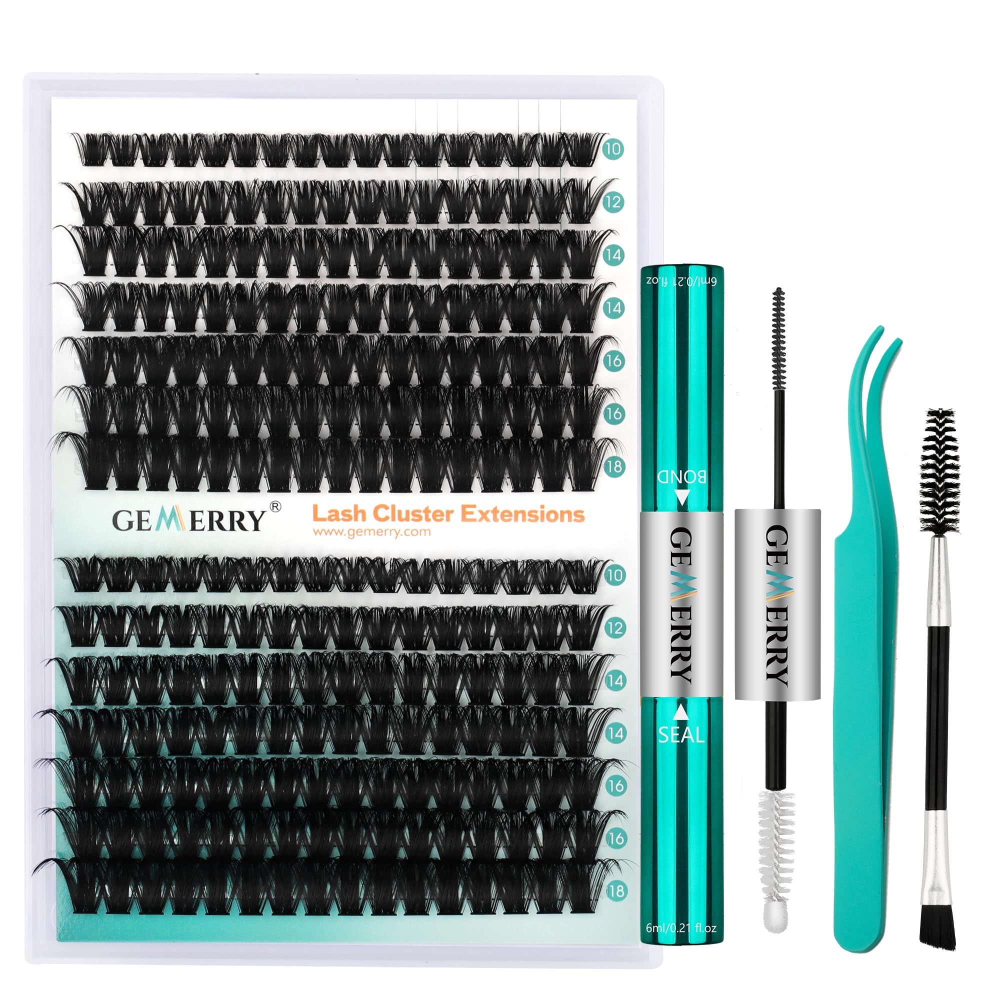 GEMERRY Lash Extension Kit 280Pcs Lash Clusters DIY Individual Eyelash Extension Kit D Curl Volume Cluster Lashes Wispy with Lash Bond and Seal and Lash Tweezers (80D+100D-0.07D,10-18MIX-KIT)