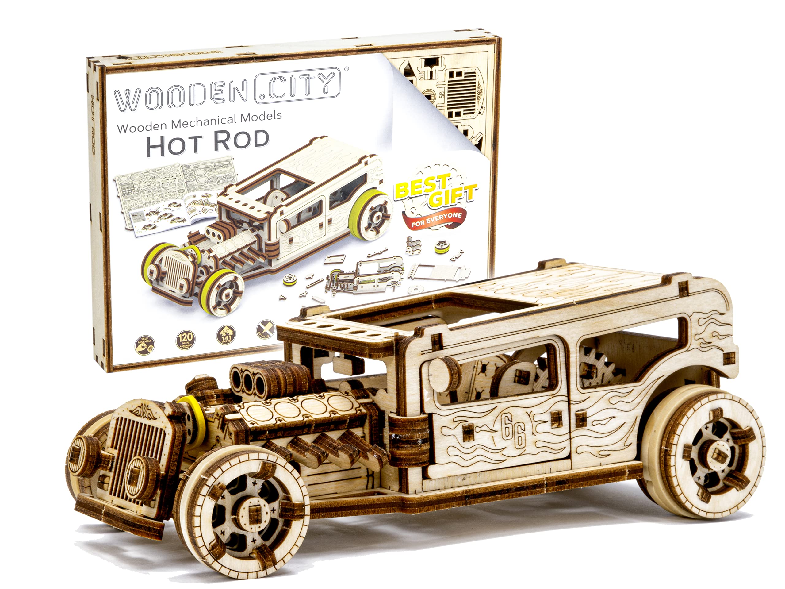 WOODEN.CITY Hot Rod 3D Car Puzzle - Wooden Model Kit for Adults, Difficulty Level 3/5, 2 Hours Assembly Time, 1/32 Scale, Made in EU