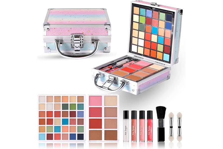 Hot Sugar Girls Makeup Kit Age 4-6 7-8 10-12, Little Girl Makeup Set, Makeup Kit for Teenagers 13-15 Includes Eyeshadow Lip Gloss Blush Highlighter Bronzer Brush (Rainbow)