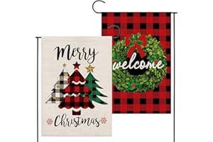 YHmall 2 Pcs Christmas Garden Flags 12x18 Double Sided, Welcome Merry Christmas Flag, Winter Holiday Tree Christmas Yard Flag for Outdoor Decorations