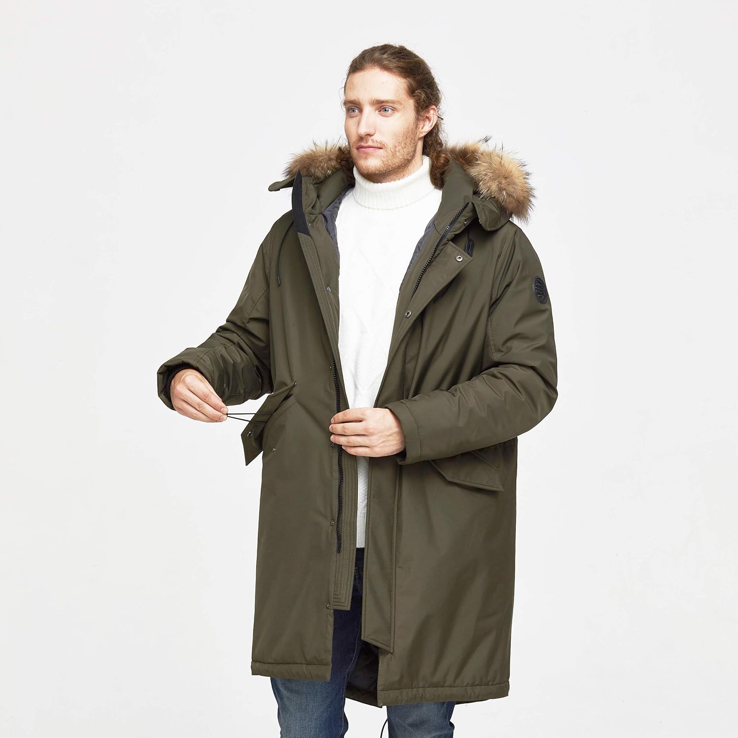 TIGER FORCE Winter Parka City Jackets for Men Business Coat Hooded with Real Fur Trim Insulated Waterproof Snow Jacket Green: Clothing