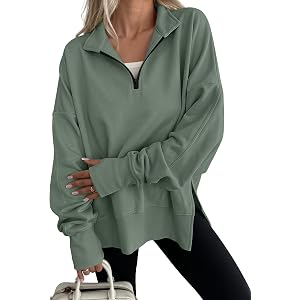 ANRABESS Womens Quarter Zip Pullover Oversized Sweatshirts | Long Sleeve V Neck Zip Up Collared Top, Soft Loose Side Slit Hoo